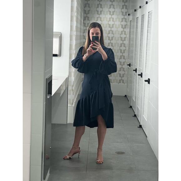 OSMAN YOUSEFZADA Blue Twill Ruffle Button Front Parachute Sleeve Shirt Dress 8 - Picture 14 of 15